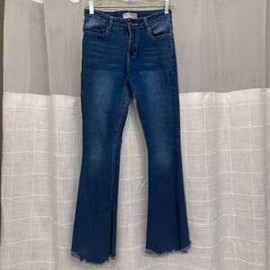 Celebrity Ace Blue Flare Jeans Embroidered Pockets Raw Hem Y2K McBling